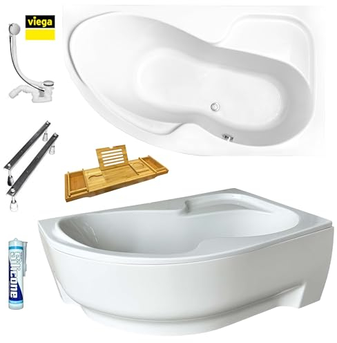 ECOLAM Badewanne WELA 150x100 cm rechts Schürze | Wanne mit Bambusablage Wannenbrücke | Eckwanne Eckbadewanne Antirutsch + Ablaufgarnitur Füße Silikon Komplett-Set Acryl weiß