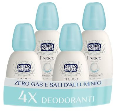 Neutro Roberts, Deodorante Vapo Fresco Classico, Zero Sali di Alluminio, Con Puro Olio di Glicerina, Deodorante Uomo e Donna, Plastica 100% riciclata, Zero gas, 48h - 4 Pezzi da 75 ml