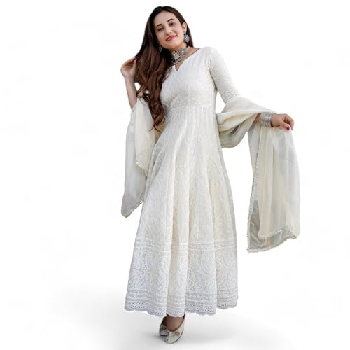 RangMahal Kurti indien fait main en pur coton pour femme avec dupatta ensemble traditionnel, blanc, Large