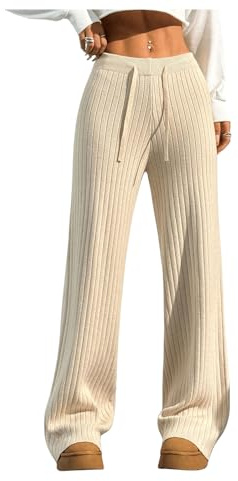 Verdusa Women's Wide Leg Sweatpants Comfy Lounge Pants Straight Leg Baggy Pants Yoga Workout Knit Trousers Apricot Medium