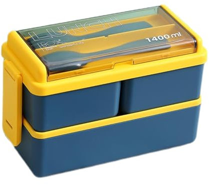 Boîte à bento de 1400 ml avec fourchette à cuillère, empilable, 2 couches, 3 compartiments, anti-fuite, boîte à déjeuner japonaise pour adultes, enfants, étudiants, bureau, micro-ondes, lave-vaisselle