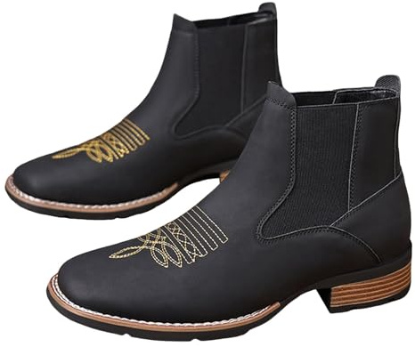 Stivali da cowboy da uomo, stivali da cowboy corti alla caviglia, vestibilità larga, punta quadrata alla moda, stivaletti casual retrò eleganti in pelle, scarpe invernali con tacco basso grosso, Nero