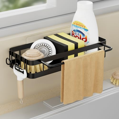 Bonhoom Organizador de Fregadero de Cocina, Colgantes Soporte para Esponja, Metal Organizador para Fregadero de Cocina con Soporte para paños de Cocina y Dos Ganchos - No Requiere perforación