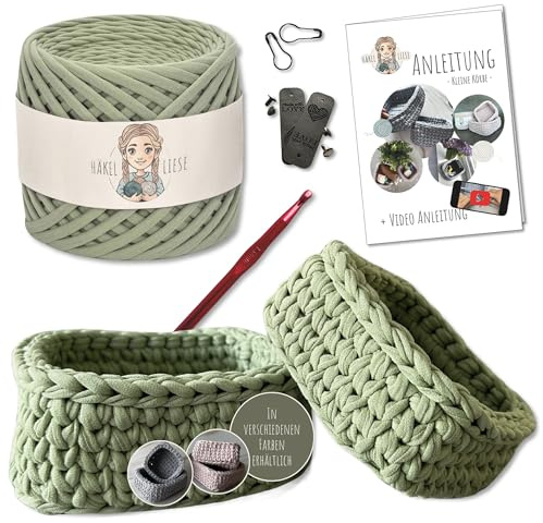 HÄKEL LIESE Häkelset für Anfänger - kleine Körbe, Häkelset Anfänger, Textilgarn zum Häckeln, Crochet Set, Körbe Häkeln, Geschenk Teenager, Häkel Set, hakeln lernen (Olive)