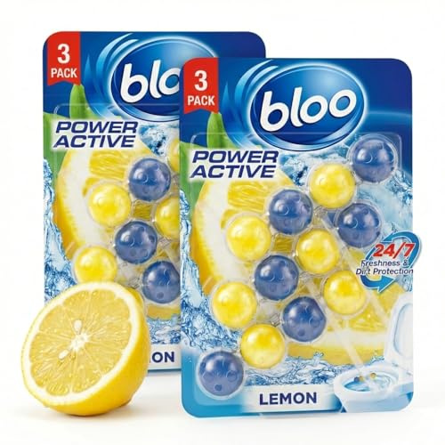 SHOPCIENTY Bloo Power Active Lemon Toilet Rim Block, 2 x 3-Pack (6 Blocks) - Toilet Cleaner Rim Blocks with Foaming Action and Lemon Fragrance, Long-Lasting Freshness and Dirt Protection