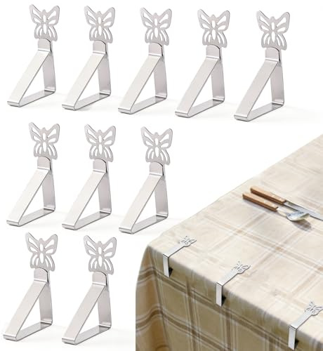Cloxtralon - Juego de 10 pinzas de mesa de acero inoxidable para mesas gruesas, restaurantes, mesas de jardín y picnics, color plateado