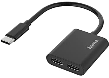 Hama USB C Splitter - 2in1 Audio Ladeadapter Mit 2x C Buchsen (Daten und Power) für Tablet, Smartphone, Kopfhörer, Lautsprecher
