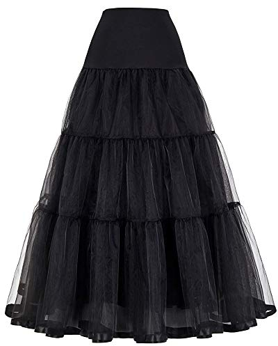 Linghe 50er Langer Petticoat gekräuselte Krinoline Vintage Hochzeit Braut Petticoat für Brautkleider Unterrock Rockabilly Tutu Rock (Schwarz, M)