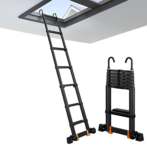 Teleskopleiter Leiter Treppenleiter Aluminium Teleskopleiter für 6m/5m/4m/3m/2m Dachzelt/Dachboden/Wohnmobil, Schwarz Ausziehbare Teleskopleitern mit abnehmbarem Haken & Stabilisator, Lasten 150kg