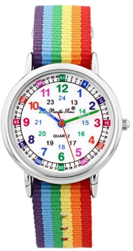 Pacific Time Kinder Armbanduhr Mädchen Jungen Lernuhr sehr gut ablesbar Wechsel Textilarmband Regenbogen analog Quarz 10917