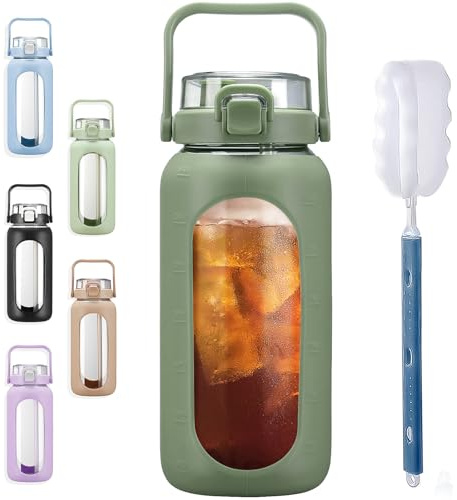BLUEGO 2000ml Bottiglie d'acqua in vetro con cannuccia e indicatore del tempo Bottiglia d'acqua sportiva grande con custodia in silicone 2 litri Brocca d'acqua in vetro per palestra, Oliva 02