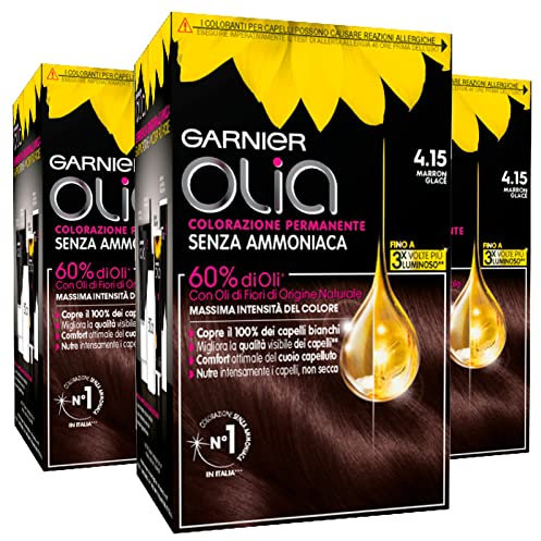 Garnier Olia Tinta Capelli Permanente Senza Ammoniaca Colorazione con Oli di Fiori di Origine Naturale ad Azione Illuminante e Nutriente Colore 4.15 Marron Glace - 3 Confezioni