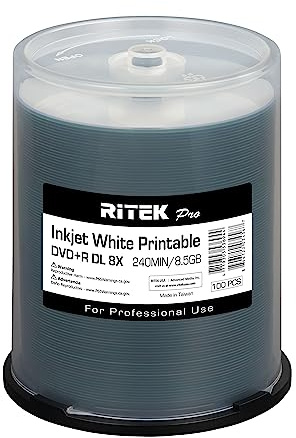100 Pack Ritek Pro (Professional Grade) DVD+R DL Dual Layer 8X 8.5GB White Inkjet Hub Printable Blank Media Recordable Disc