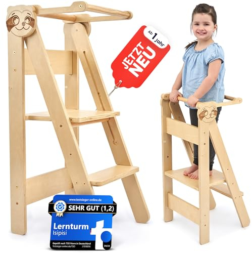 isipisi Lernturm ab 1 Jahr [Montessori] höhenverstellbarer Kinderturm – spielerisch motorische Fähigkeiten fördern – Steh- und Lern-Turm klappbar, Learning Tower, Faltbare Kindertreppe