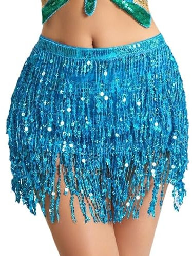 Ltsbaed Bauchtanz Kostüm, Damen Bauchtanz Hüfttuch Rock, Mode Glitzer Rock, Mehrschichtig Pailletten Quaste Rock für Halloween Karneval, Bauchtanz Kostüm für Damen und Mädchen-Blau