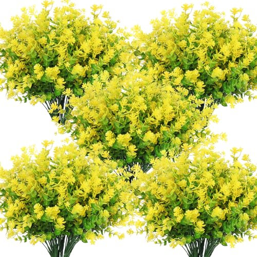 RECUTMS Spring Greenery 10 Bundles Artificial Fake Flowers, Artificial Boxwood Plants,Faux Outdoor Plastic Plants UV Resistant Shrubs Fake Outdoor Plants Outside Indoor Decorations(Yellow)