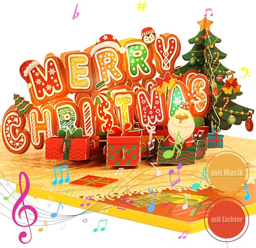 Lihao Julkort med kuvertset, julkort med musik, popup-kort, jul, 3D, gratulationskort, LED, gratulationskort, ljus, god jul