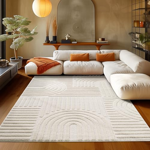 Teppich Moderner Wohnzimmerteppich für Schlafzimmer, cremefarben, 200 x 300 cm – Kurzflorteppich, skandinavischer Stil, Boho-Design, flauschig und weich