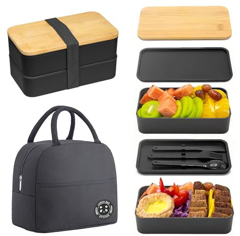 Fhioevt Bento Lunch Box 2 Couches Boite Repas Compartiment 1200 ml Lunchbox Hermétique avec Couverts Kit et Sac Isotherme Repas Boite Bento pour Adultes Enfants Pique-Niques Travail L'école (Noir)