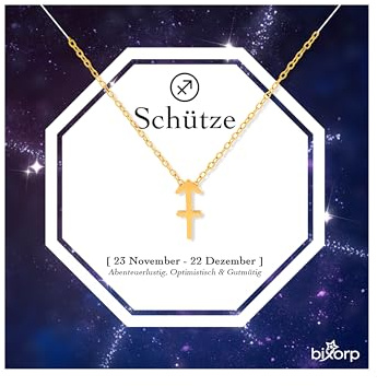 Bixorp Sternzeichen Schütze Halskette - Sternzeichen-Kette aus Edelstahl in Gold – Zodiac-Halskette auf Geschenkkarte
