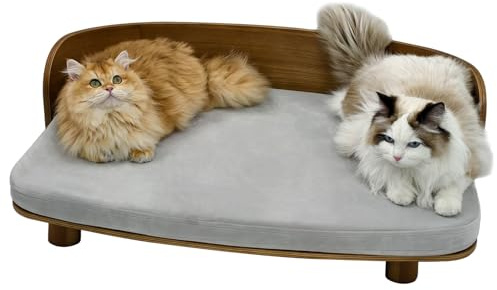 BingoPaw Canapé pour Chien Chat Design Scandinave, Lit Chien en Bois Massif avec Coussin Moelleux en Polyester, Housse Amovible et Lavable - Gris 84x55x26cm
