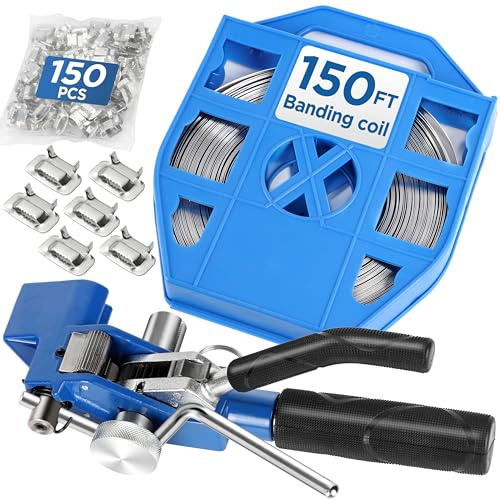 Stahl-Umreifungsset, Umreifungswerkzeug, Spanner und Schneidwerkzeug für Palettenverpackungen mit 3/4 Zoll x 150 Fuß S304-Umreifungsspule (Kunststoffbehälter), 150 Stück Ohrschnallen, Ratschen-Umrei