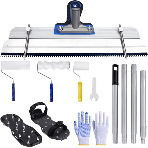 AURIXUS Kit di attrezzi per pavimenti autolivellanti in cemento ed epossidico – rastrello, rulli a punta da 9 pollici, rullo per vernice da 10,2 cm, scarpe a spillo, asta di prolunga, guanti e