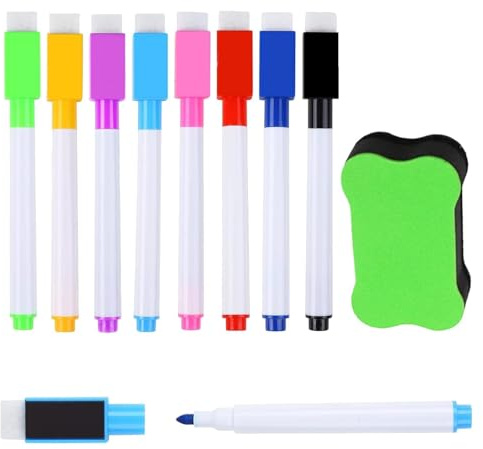 YCZCHE14 whiteboard märkpenna med 8 färger, whiteboardpennor, magnetiska, avtorkningsbara med suddgummi, torr rase-märkpenna med fin spets för hem, skola, kontor (slumpmässig färg)