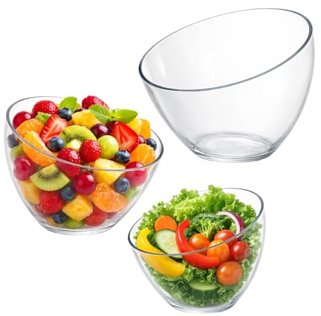 JF HOME BLISS 3 Pack Clear Acrylic Angled Serving Bowls 43oz/33oz/23oz Thick Plastic Salad & Snack Bowls Set for Party Weddings Kitchen Prep - Chip Resistant Dishwasher Safe Nestable