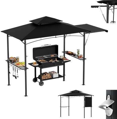 LZQ Grillpaviljong med sidomarkis dubbeltak BBQ paviljong grilltak med hyllor krokar flasköppnare väderbeständig grilltält trädgårdspaviljong grillskydd med hydraulisk stång, svart