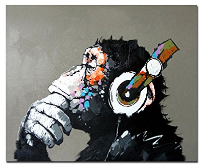 Fokenzary dipinta a mano pittura a olio su tela pop art Cool ape ascoltare musica cuffia con cornice pronta da appendere Tela 20x24in