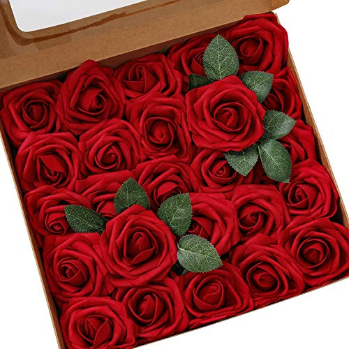 Ksnnrsng Mousse Rose Artificielles Fleurs Fausse Roses Faux Bouquet pour DIY fête Maison Mariage Décoration (25 pièces, vin Rouge)