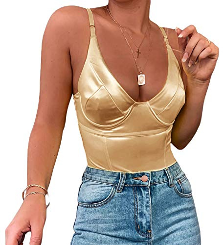 Velius Women's Sexy Deep V Neck Shiny Thong Bodysuit Tank Tops with Underwire(Gold, X-Large)