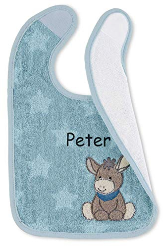LALALO Sterntaler Lätzchen mit Namen bestickt, Baby & Kleinkind Spucktuch, Klettlätzchen Halstuch/Babylätzchen personalisiert (Esel Emmi Mittelblau wasserundurchlässig)