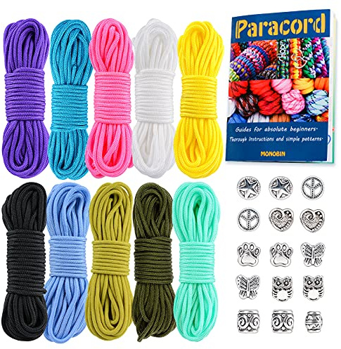 MONOBIN Micro Paracord Kit with Paracord Instructions, 10 Colors 20FT 2MM Paracord Combo kit with Paracord Beads for Making Paracord Bracelets, Lanyards (10Colors-D, 200FT)