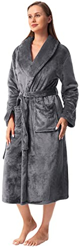 Vislivin Fluffy Bathrobe for Women Soft Fleece Dressing Gown Ladies Warm Loungewear Robe Gray-S