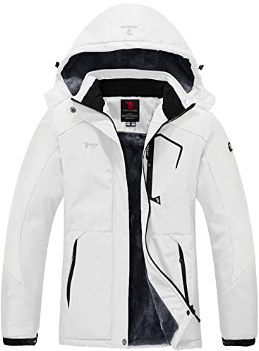donhobo Womens Waterproof Jacket Winter Warm Fleece with Hood Windproof Camping Hiking Coat(White,L)