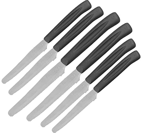 Nirosta Set da 6 Coltelli Lama Seghettata da tavola Punta Tonda 21,5x1,9x1 cm, Set da 6pz, Colore Tortora o Nero, lunghezza lama 10,5 cm Per Carne e Pizza