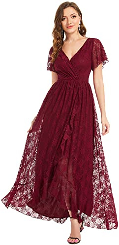 Ever-Pretty Robe Demoiselle d'honneur Femme Longue Asymétrique Dentelle Manches Courtes Col V Fluide Chic Bordeaux 38