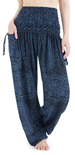 Lannaclothesdesign Pantalon bohème de style sarouel pour femmes | Taille haute smockée, deux poches latérales, respirant, 100 % rayonne, chevilles élastiques, yoga, plage et voyage