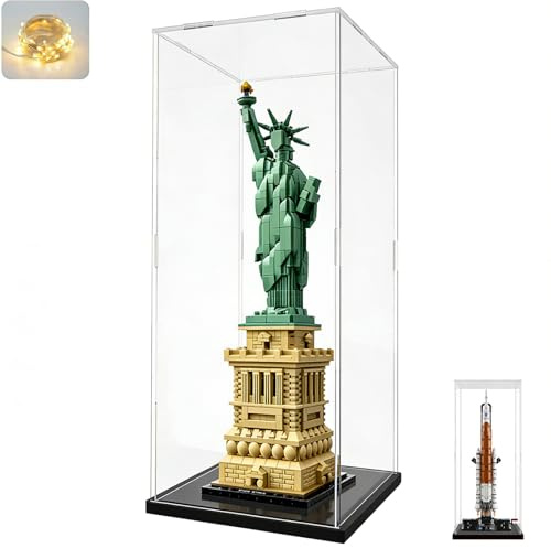 Vitrina Expositora para Colecciones para Lego 21042 Estatua Libertad 42221 NASA Artemis, Expositor Cajas de Metacrilato Transparente Espesado Vitrina Acrílica 3MM con LED, Interior Negro 20x20x50cm