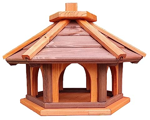 Vogel Futter Haus Futterstelle Sechseck aus Holz Vogelhaus,Vogelfutterhaus zum Stellen für den Garten.Futterstation für Wildvögel (Braun+Rot)