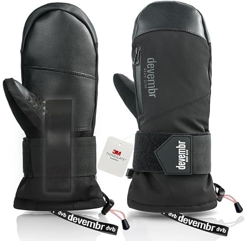 devembr Ski Mittens with Wrist Guards, Waterproof Snowboarding Mittens, Black, L