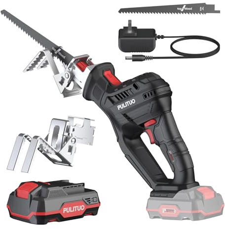 Reciprocating Saw, PULITUO 20V Cordless Reciprocating Saws Compact Design with 2000mAh Battery, 0-3000RPM Variable Speed Electric Saws, Saw Blade, LED Light, Ideal for Wood and Metal Cutting