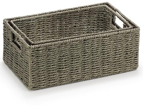 Woodluv Storage Baskets set of 2, Paper Rope Storage Boxes Bin Organiser Divider for Cupboards Drawer Closet Shelf,Wicker Woven Basket, Dark Green