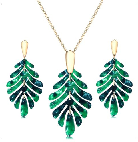 KONFEN Parure Feuille Verte - Ensemble Collier et Boucle d'oreilles, 2 Pièces Bijoux Acrylique Leaf Vintage pour Noël pour Femmes Filles (Verte)