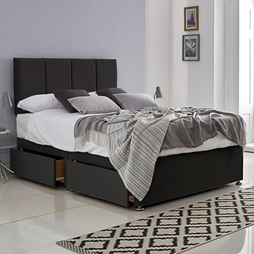 ComfoRest Small Double Divan Bed with 2 Drawers - 4FT - (Black Plush) - Durable Frame for Compact Rooms - Versatile Design for Comfortable Spaces