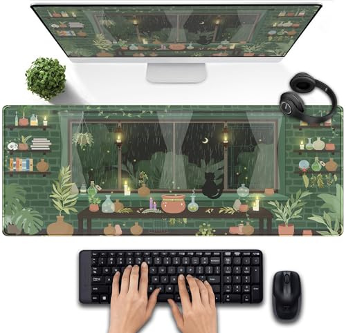 Skrivbordsmatta kawaii regnig natt, gröna växter, gaming-matta XL, estetisk, anime, svart katt, laptop, dator, tangentbord, musmatta, skrivbordsdekor, tillbehör, flicka och dam, kontor, 80 x 30 cm