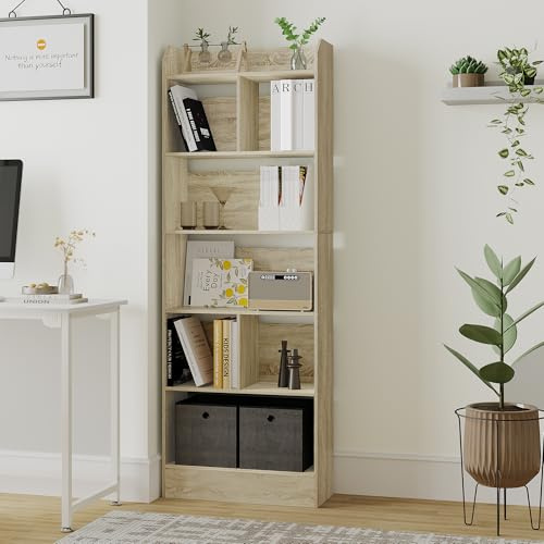 Hzuaneri Bücherregal mit 6 Fächern, 24 x 60 x 170 cm, Eichenbeige | Bücherschrank, Standregal, Aufbewahrungsregal, für Wohnzimmer Büro Schlafzimmer, BC11116X