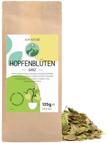 Alpi Nature Houblon Entier 125g, Pétales de Houblon Entiers Séchés, Humulus Lupulus, Tisane en Vrac
